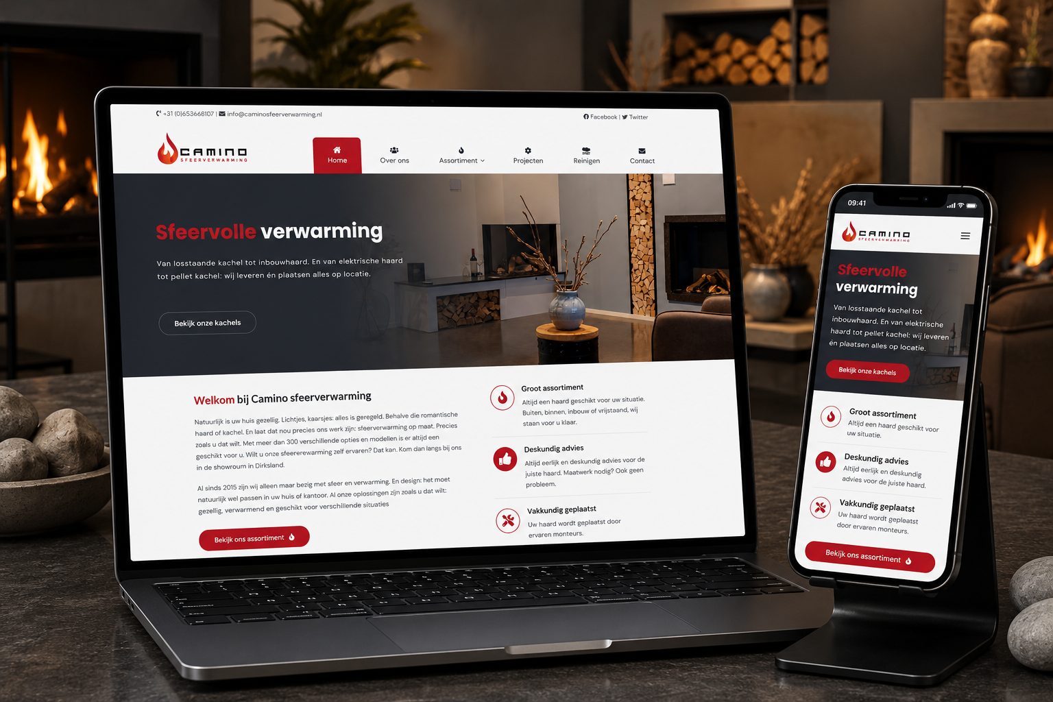 Website van Camino Sfeerverwarming op laptop en mobiel