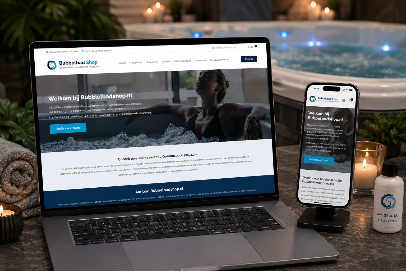 Website van Bubbelbadshop op laptop en mobiel