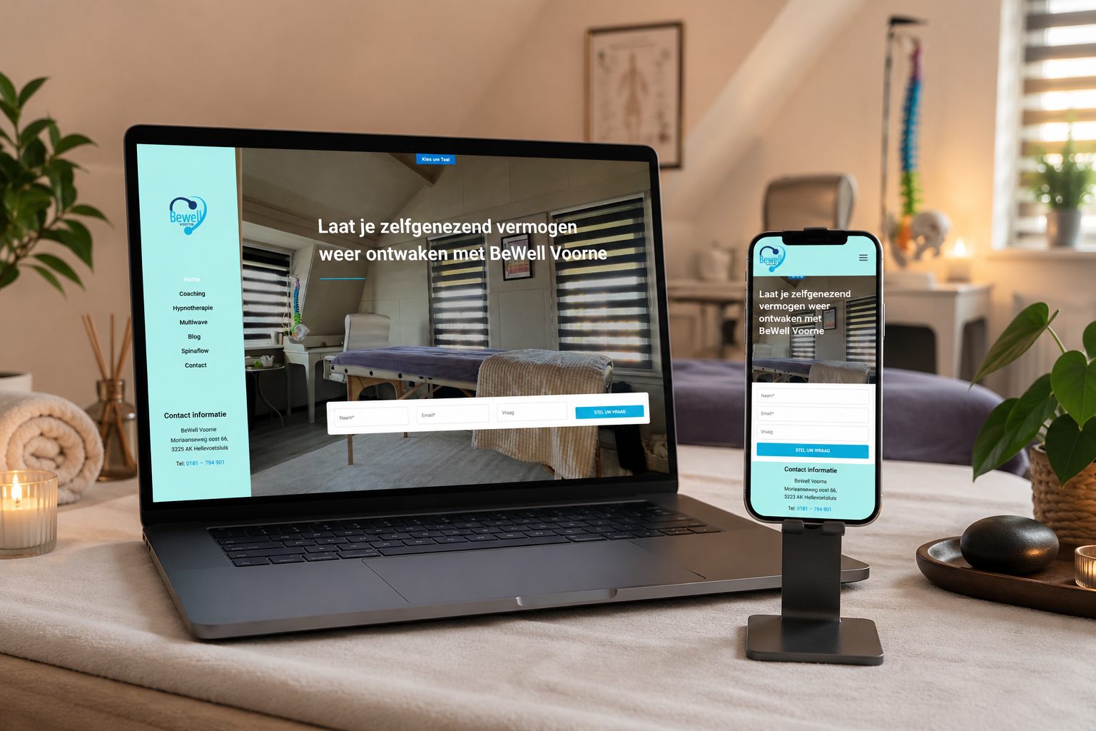 Website van Be Well Voorne op laptop en mobiel