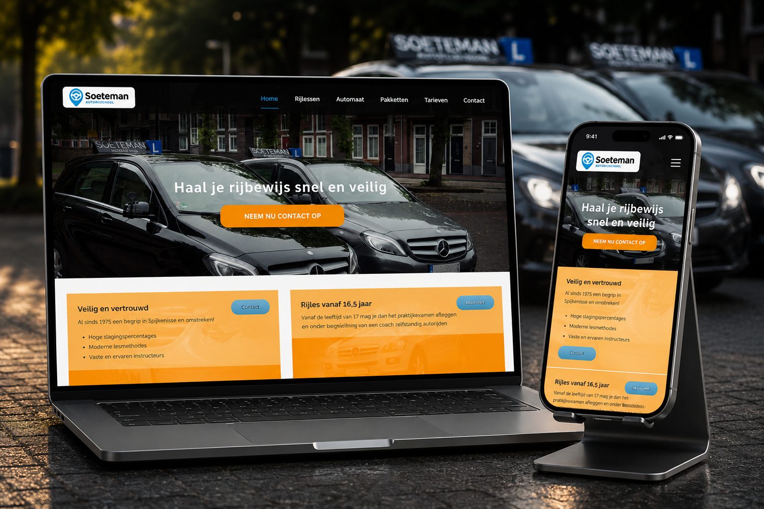 Website van Autorijschool Soeteman op laptop en mobiel