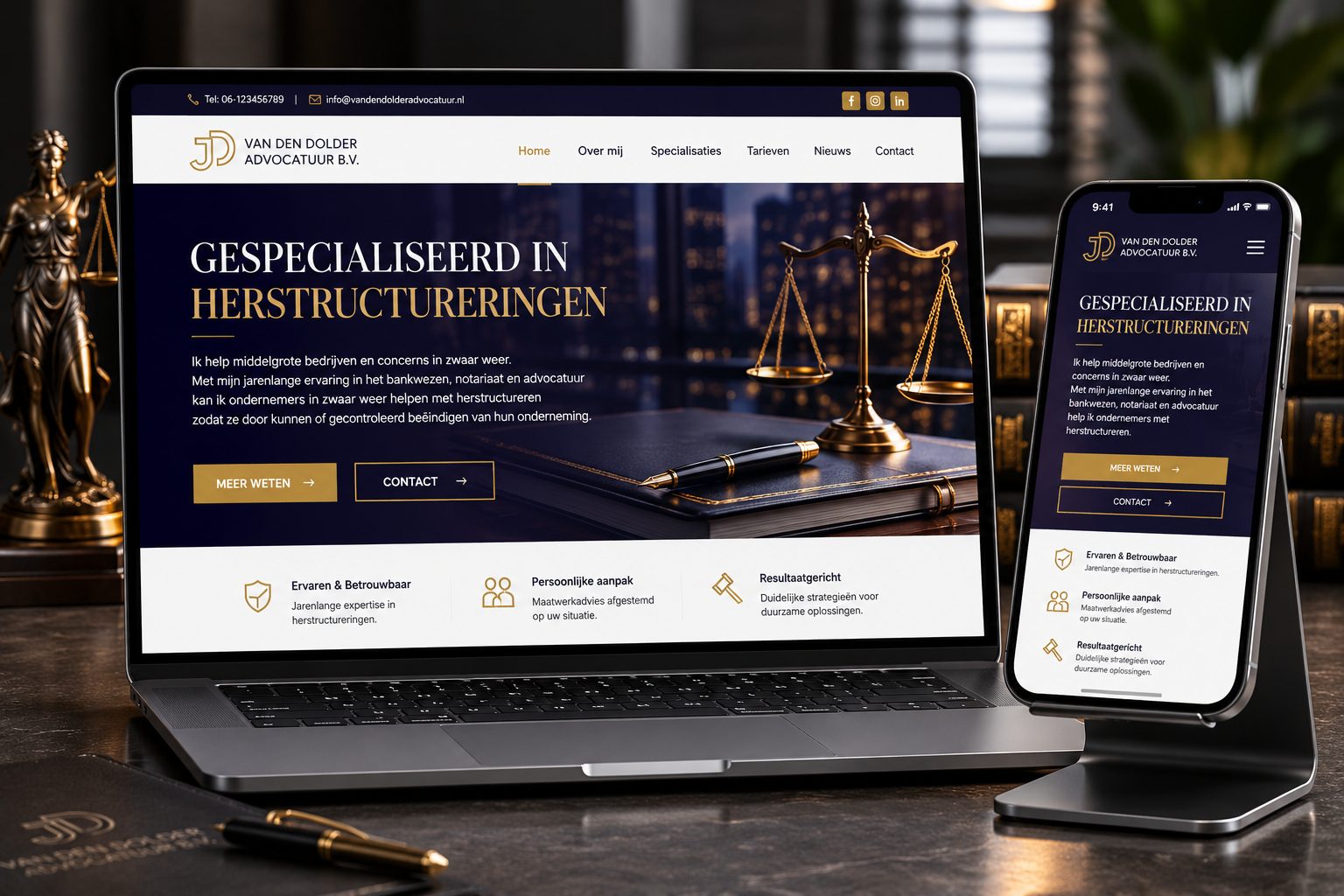 Website van Van den Dolder Advocatuur op een mobiel scherm