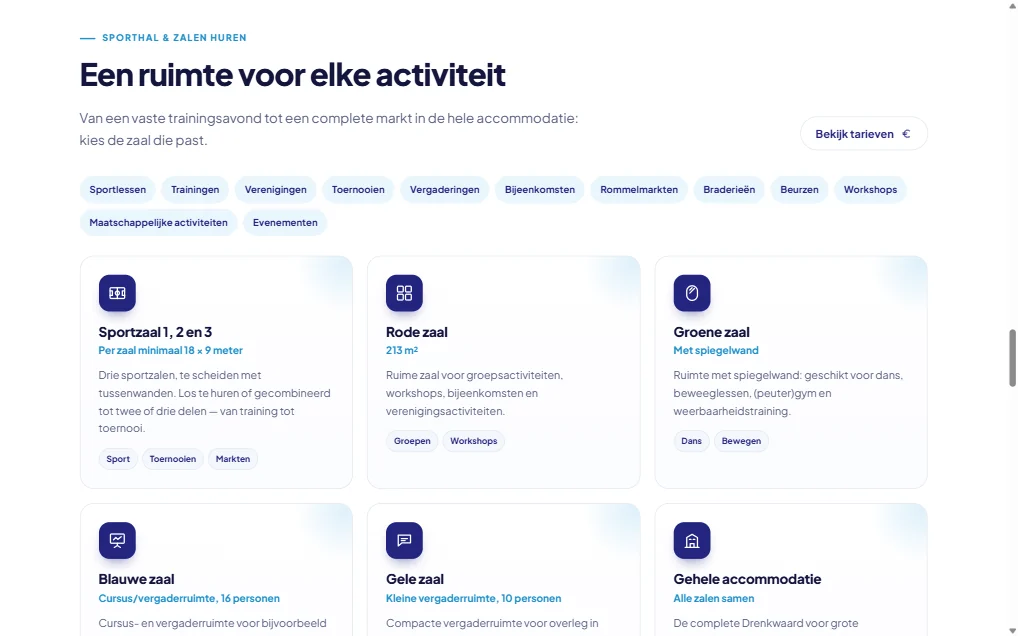 Alle zalen en ruimtes met afmetingen en geschikt gebruik