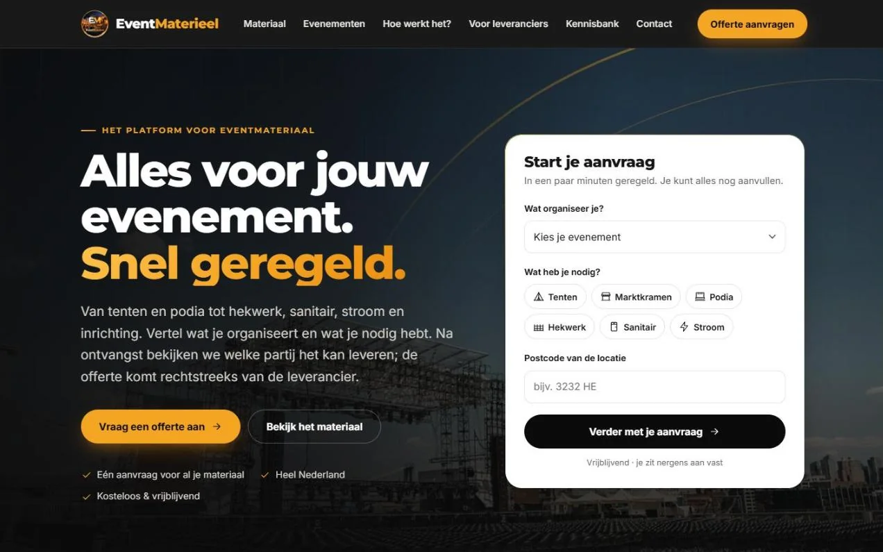 EventMaterieel.nl – website op desktop