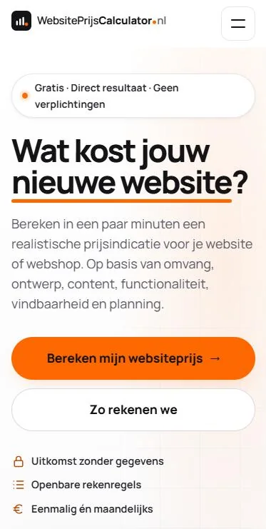 WebsitePrijsCalculator.nl – website op mobiel
