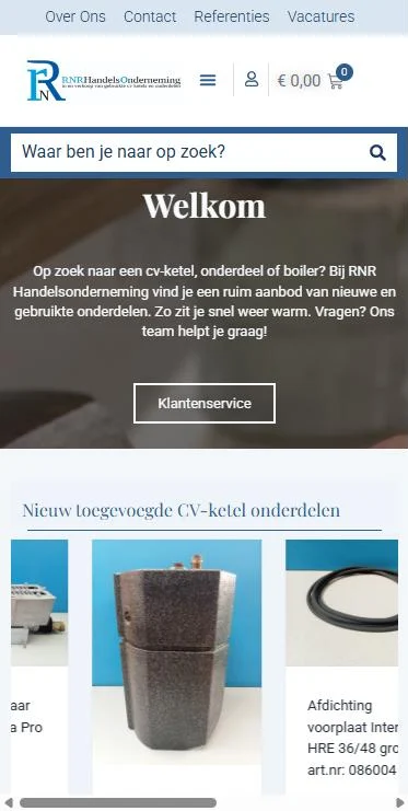 RNR Handelsonderneming – website op mobiel