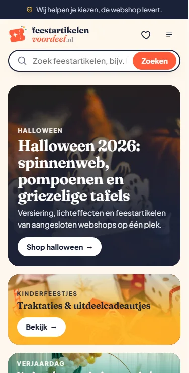 Feestartikelenvoordeel – website op mobiel