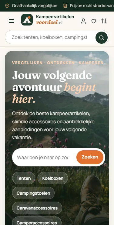 Kampeerartikelenvoordeel.nl – website op mobiel