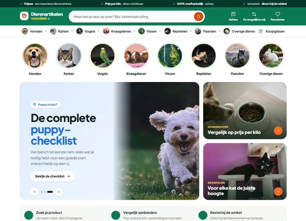 Dierenartikelenvoordeel.nl – website op desktop