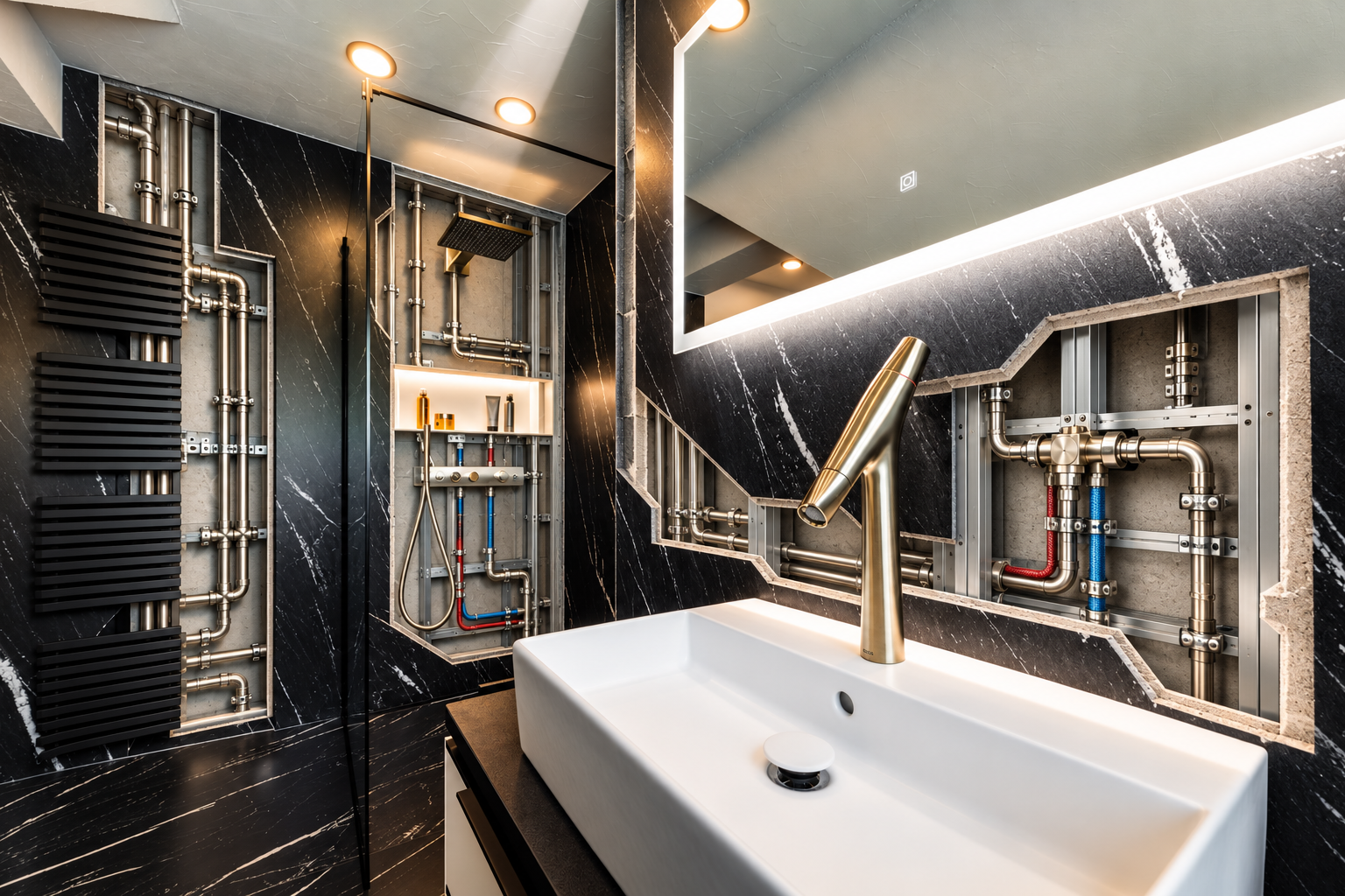 Badezimmer mit sichtbarer Unterputzinstallation aus Edelstahl