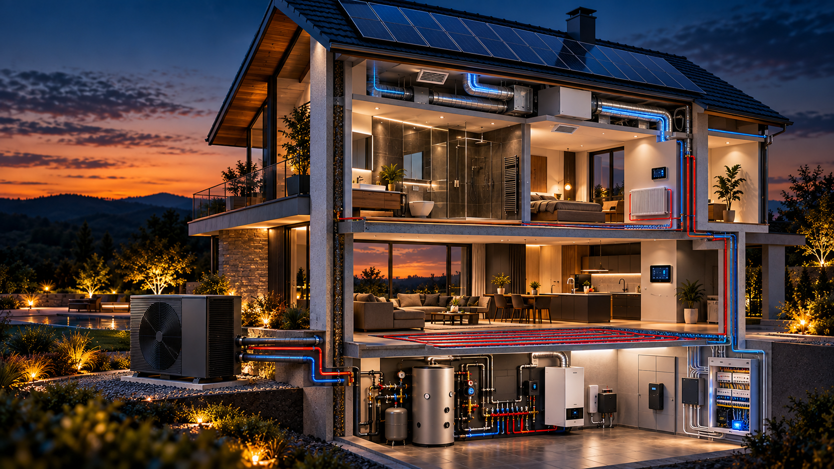 Modernes Wohnhaus im Schnitt mit Heizung, Sanitär, Lüftung, Photovoltaik und Smart-Home-Technik
