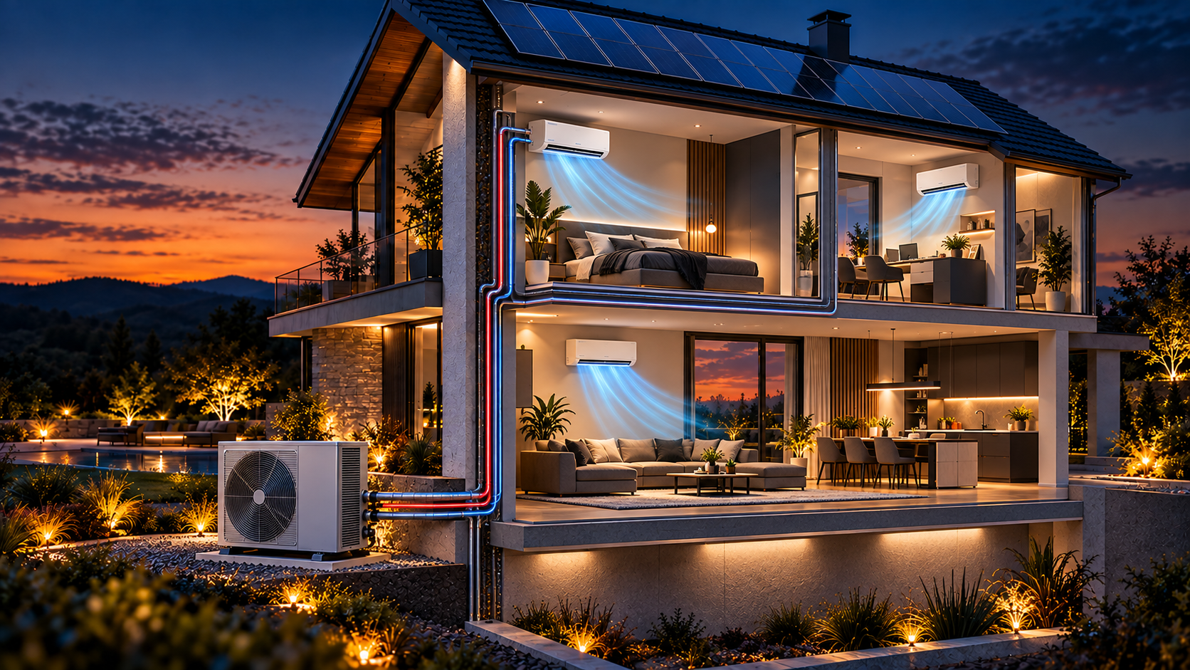 Hochwertige Multisplit-Klimaanlage mit einem Außengerät und mehreren Innengeräten in einem modernen Wohnhaus