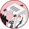 Isometric illustration of the interior of a small vehicle cabin showing a driver's seat with a headrest, steering wheel, dashboard, and a side door with a window.