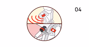 Illustration divided into two parts: top shows a person wearing a jacket with red sonar waves indicating scanning around the shoulder, bottom shows a close-up of a smartwatch displaying a red alert symbol, indicating detection of a potential hazard or impact.