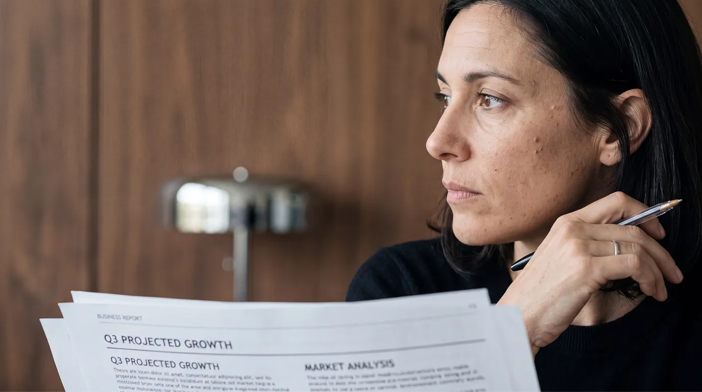 Woman with dark hair holding a pen and reading a business report titled 'Q3 Projected Growth' with a wooden background and a blurred desk lamp behind her.