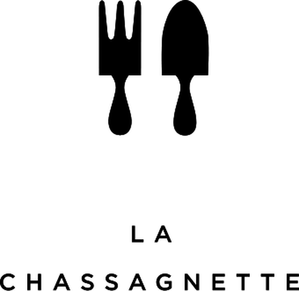 Black silhouette of a gardening fork and trowel side by side above the text 'LA CHASSAGNETTE'.