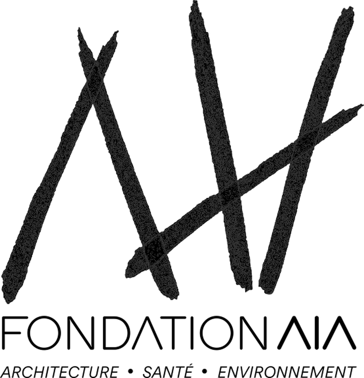 Logo with three black irregular vertical brush strokes and one crossing stroke above the text 'FONDATION AIA' and below it the words 'ARCHITECTURE • SANTÉ • ENVIRONNEMENT'.