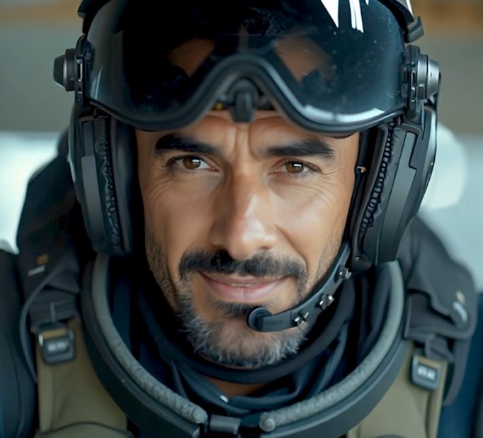 Close-up of a soldier wearing a tactical helmet with headset and dark visor, looking straight ahead with a slight smile.