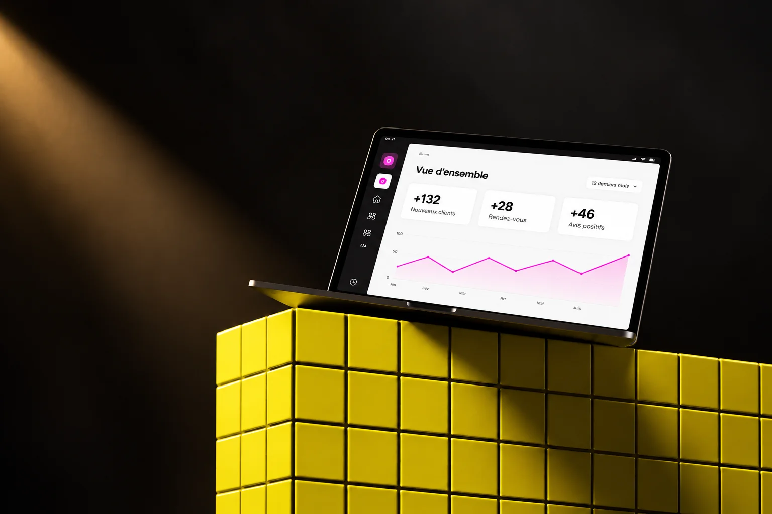 Tableau de bord Charlie sur cubes jaunes : +132 nouveaux clients