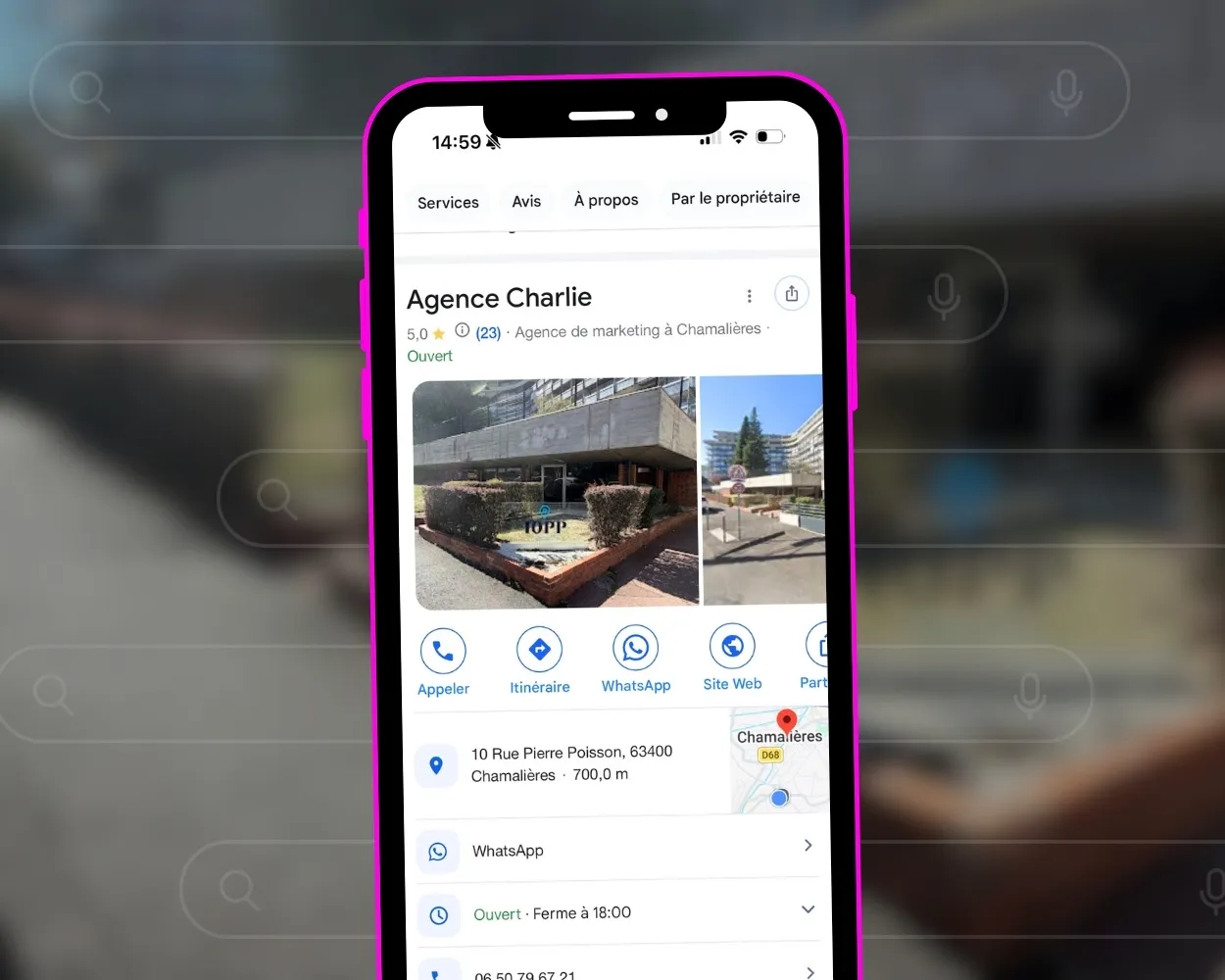 Fiche Google de l'agence Charlie affichée sur smartphone