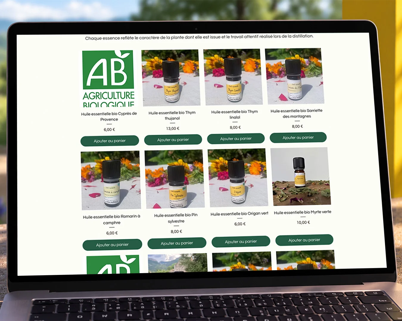 Page boutique du site Mélilou : huiles essentielles bio prêtes à commander