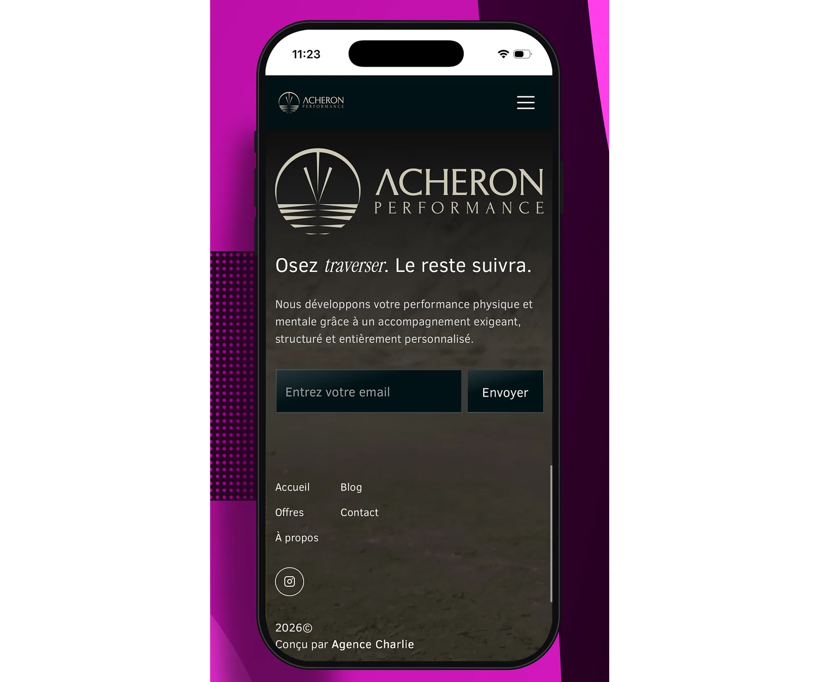 Version mobile du site Acheron Performance, page d'accueil
