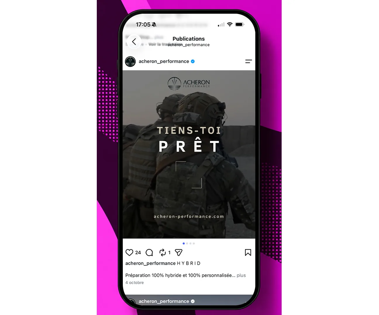 Publication Instagram « Tiens-toi prêt » d'Acheron Performance, sur smartphone