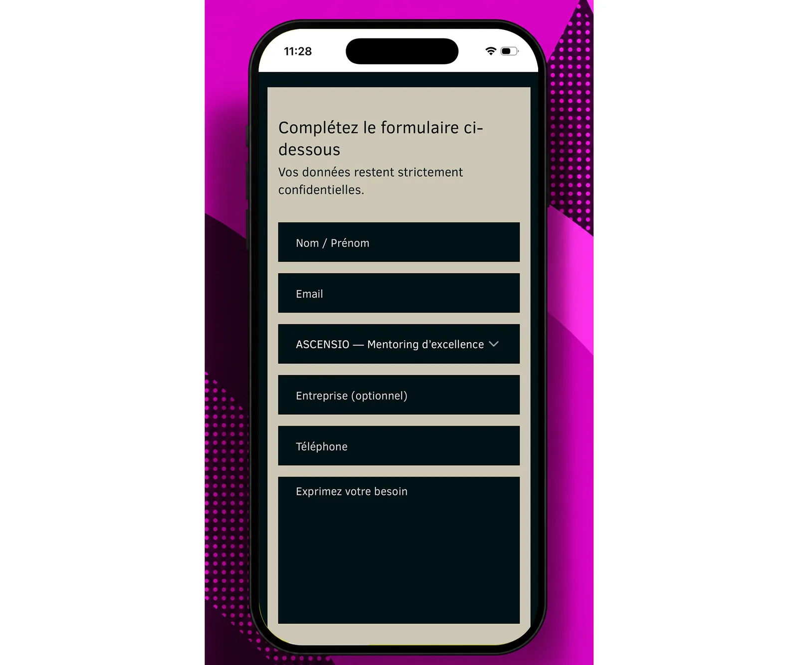 Formulaire de contact du site Acheron Performance, version mobile