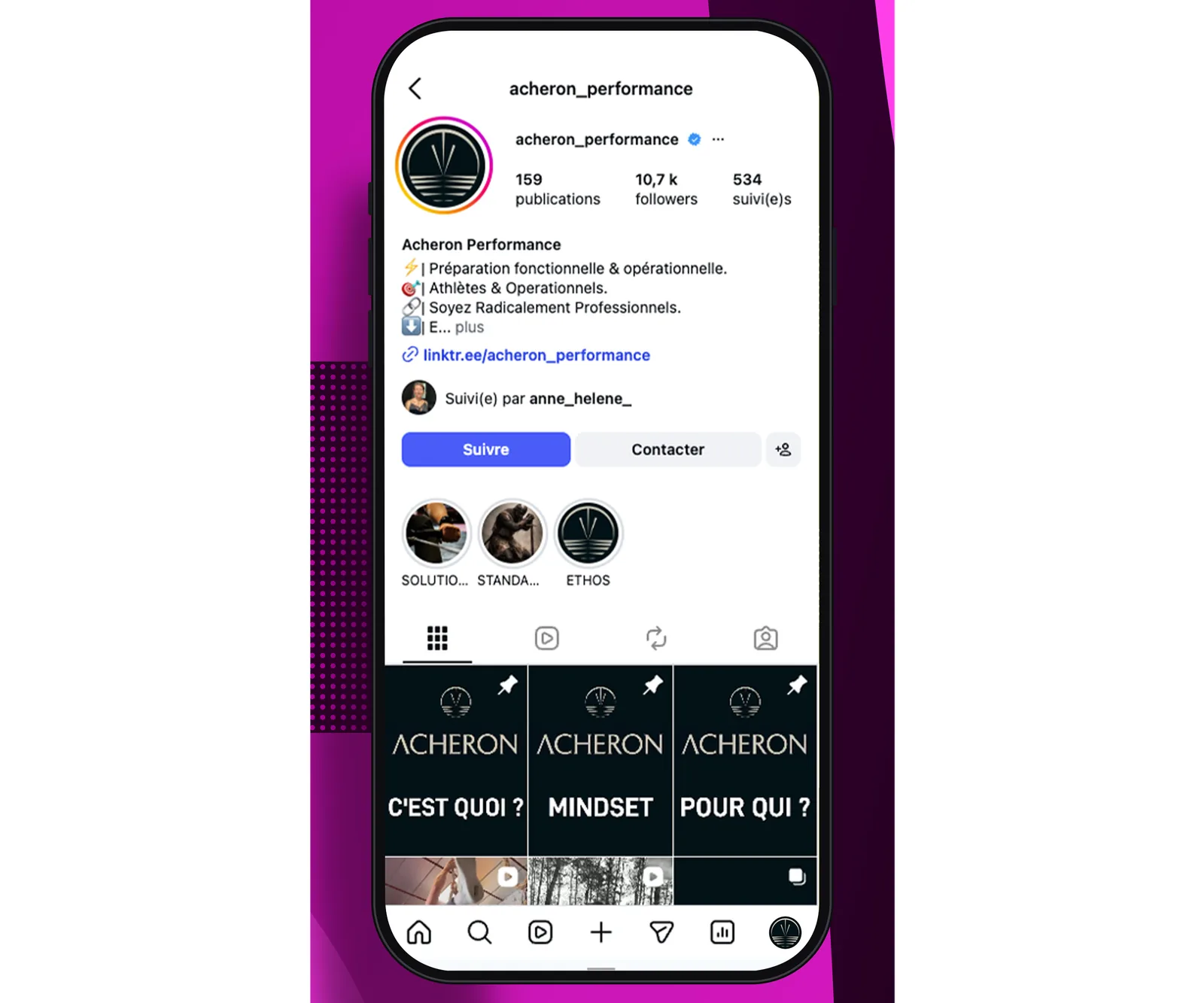 Profil Instagram Acheron Performance avec 10 700 abonnés, sur smartphone