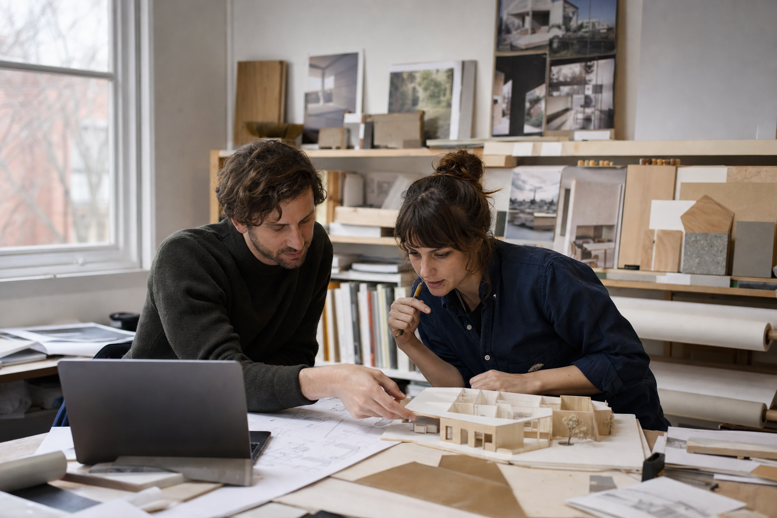 Dos personas revisan una maqueta arquitectónica y dibujos en un estudio de diseño.
