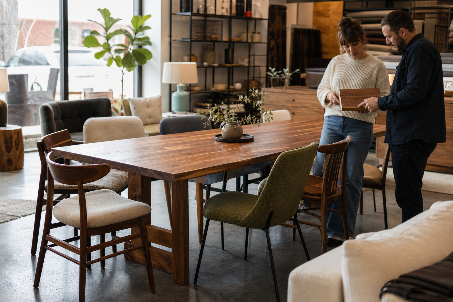 Dos personas comparan una muestra de madera junto a una mesa de comedor en un showroom de mobiliario.