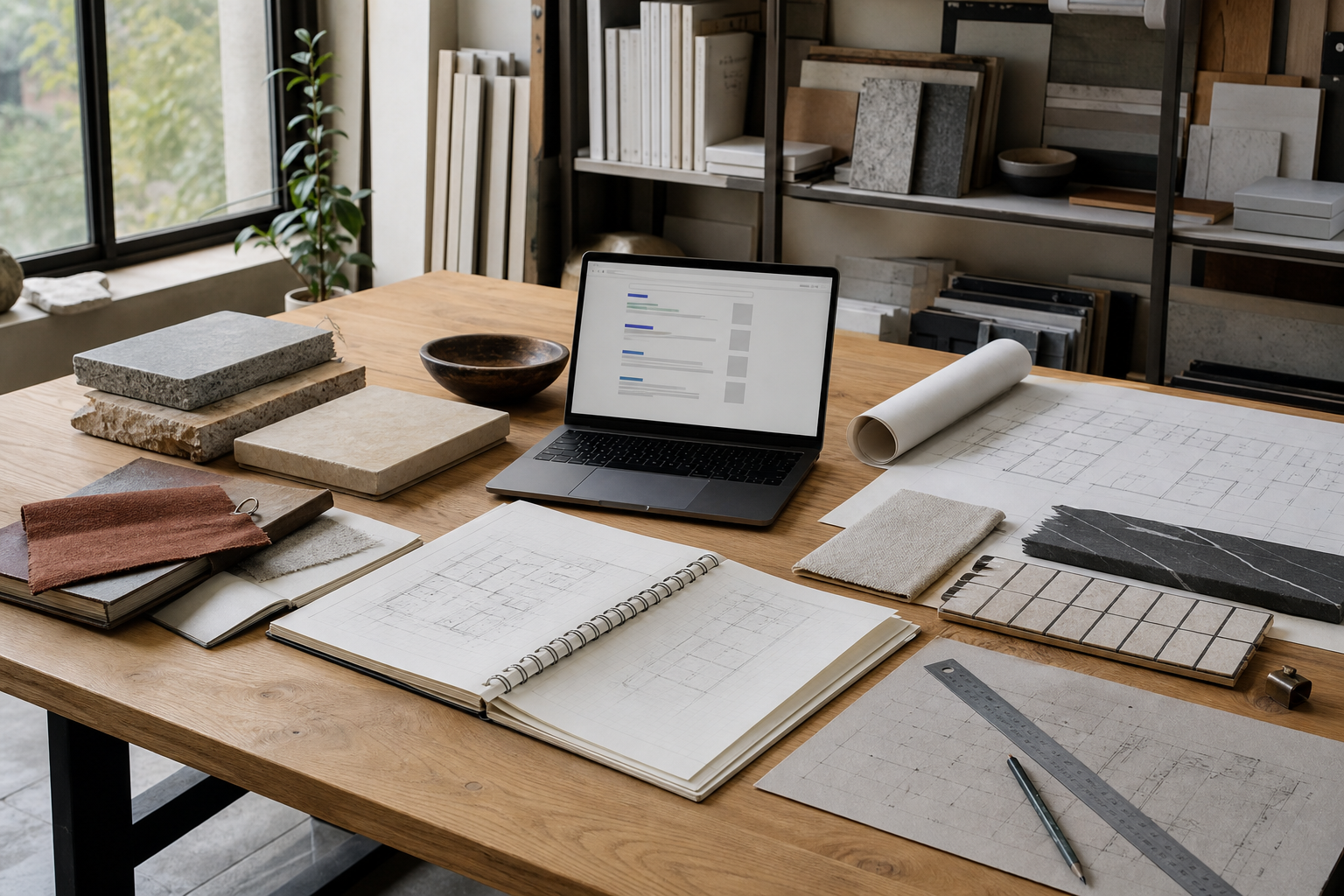 Mesa de trabajo de un estudio de interiorismo con muestras de materiales y una página de resultados de búsqueda