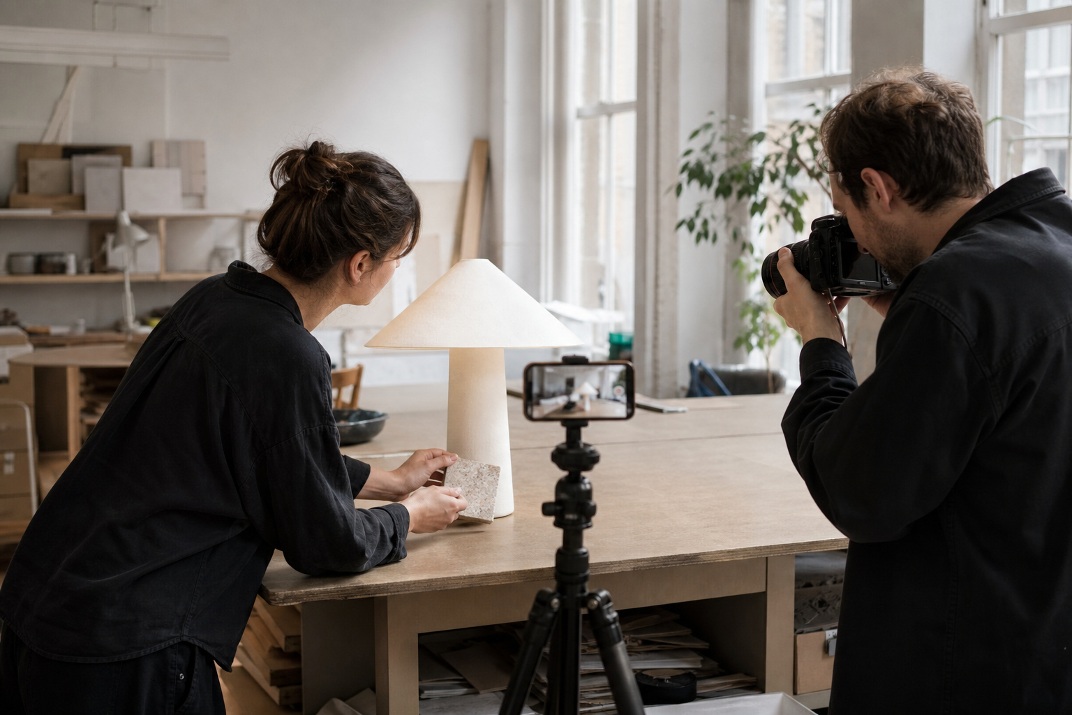 Un equipo creativo fotografía una lámpara de mesa escultórica para una campaña de redes sociales centrada en el diseño.