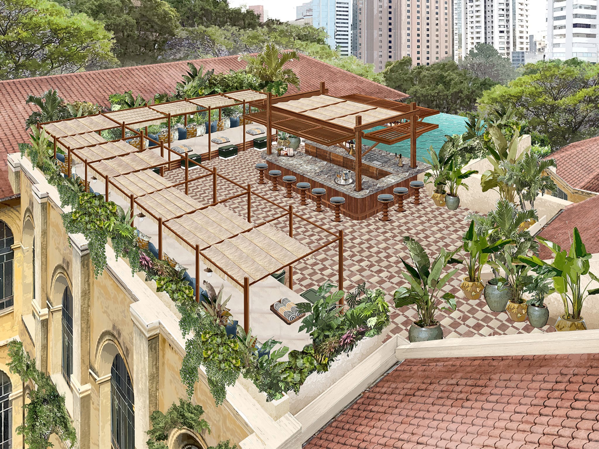 Imagen de síntesis de la azotea de Soho House São Paulo