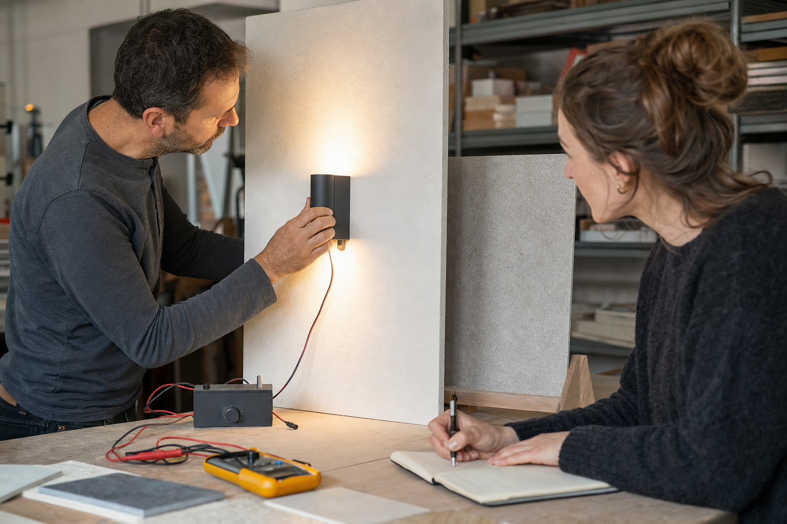 Un technicien teste une applique sur un panneau d’échantillon en plâtre pendant qu’une architecte prend des notes.