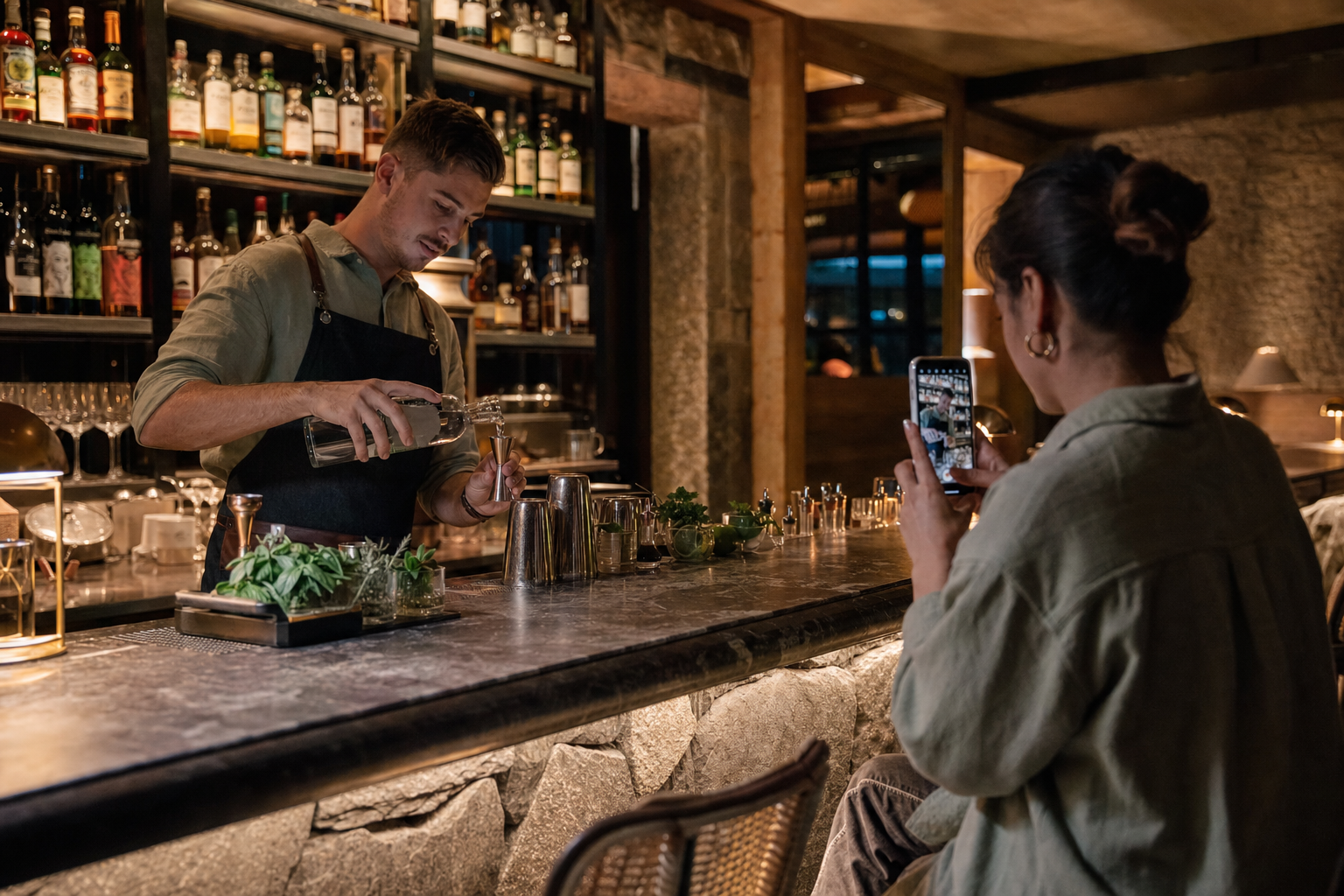 Un créateur de contenu filme un barman préparant une boisson de bienvenue à l’hôtel.
