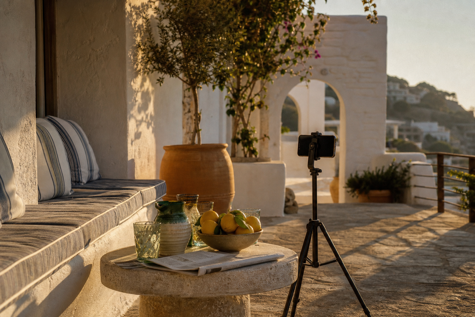 Un smartphone graba una terraza soleada de un hotel boutique para las redes sociales.