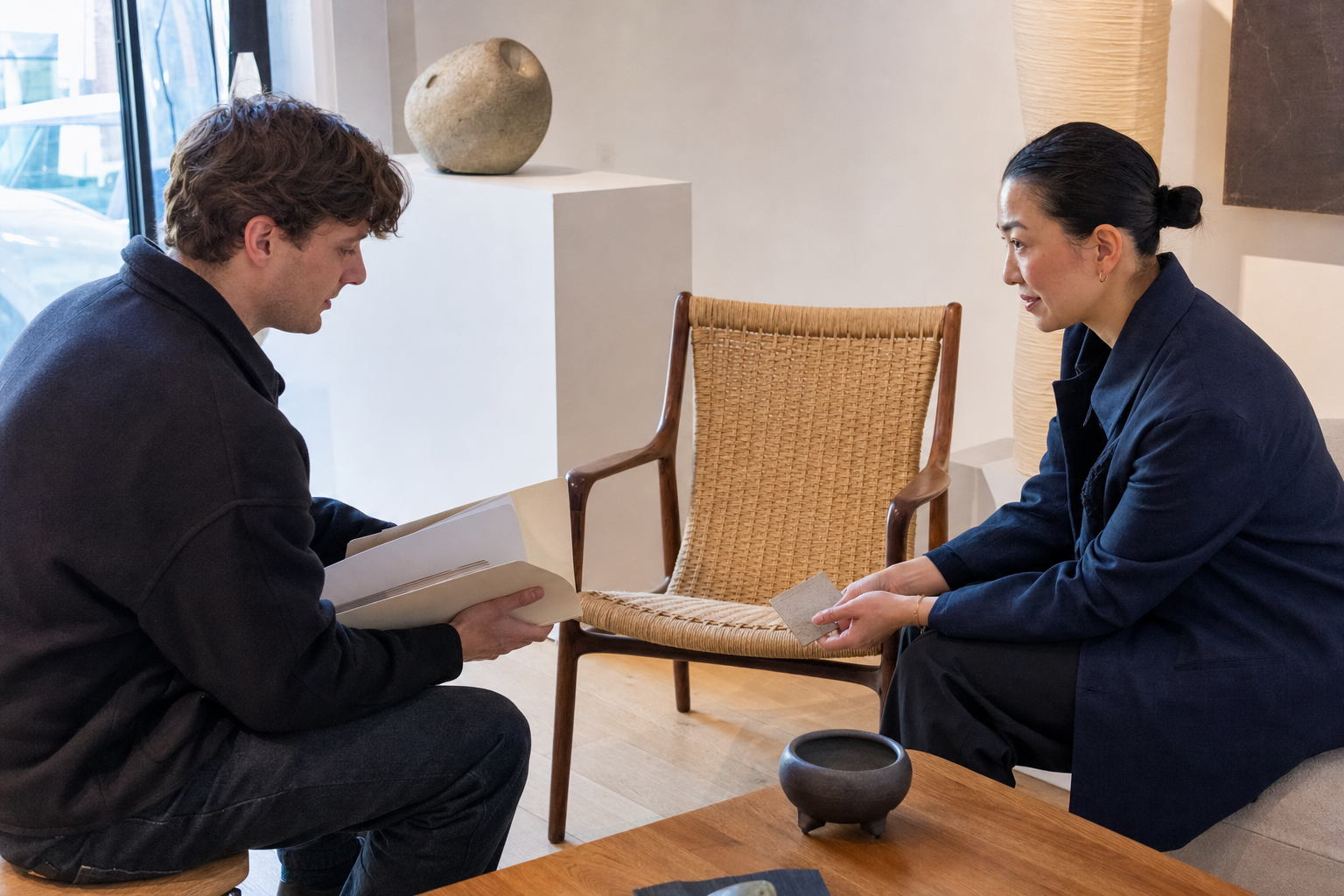 Gallery curator and visitor discussing a collectible chair and provenance material during a viewing appointment.