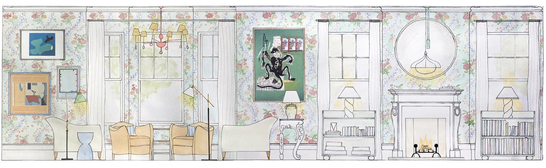 Beata Heuman’s watercolour interior, with patterned walls, sculptural lighting and contrasting furniture.