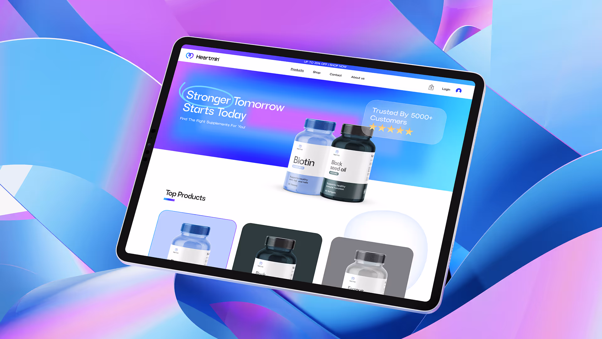 Tablet screen displaying Heartmin supplement website with Biotin and Black seed oil bottles and a slogan 'Stronger Tomorrow Starts Today'.