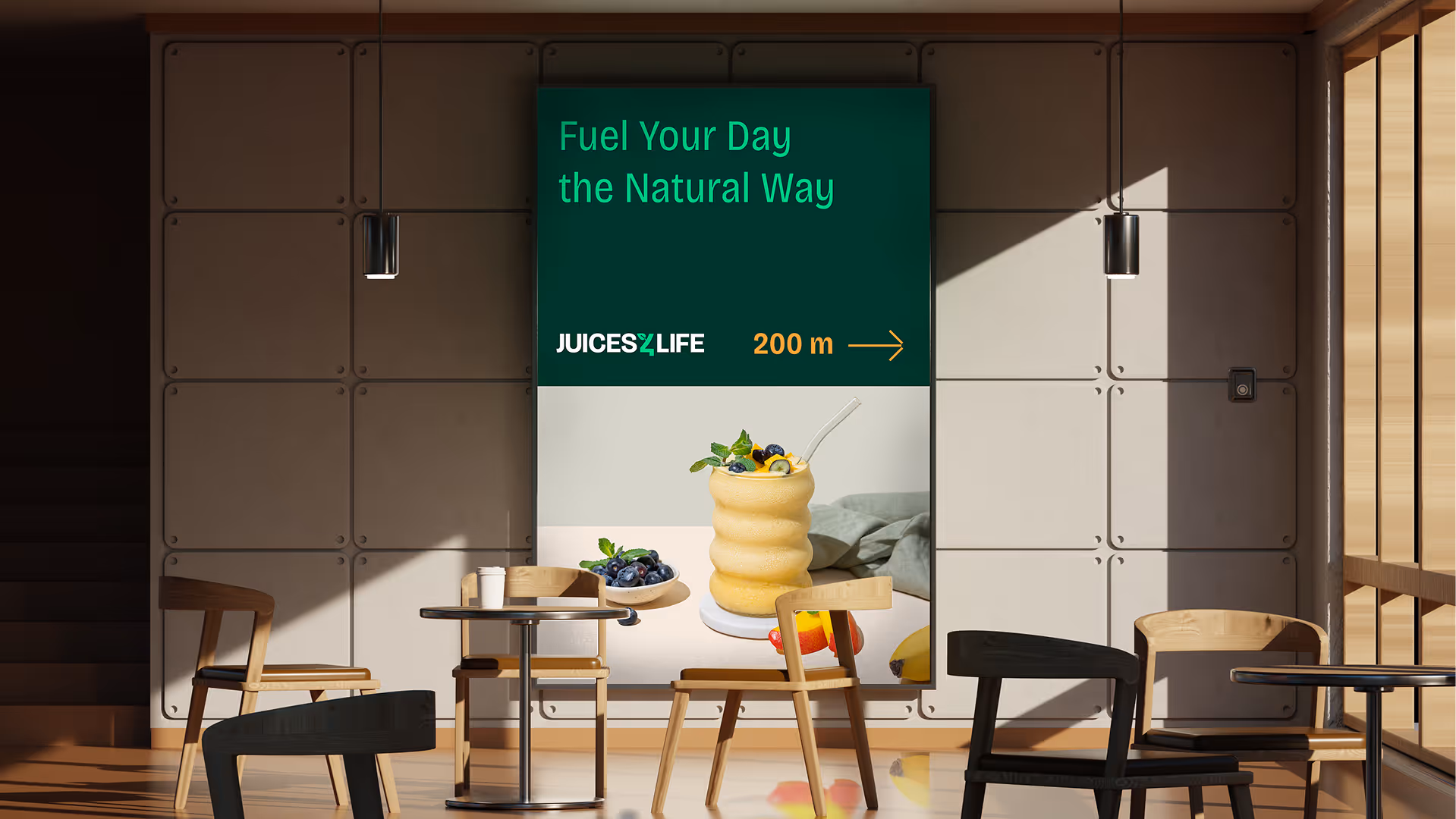 Indoor café setting with modern wooden chairs and tables, featuring a large wall poster advertising a smoothie with text 'Fuel Your Day the Natural Way' and 'Juices 4 Life 200 m' with an arrow.