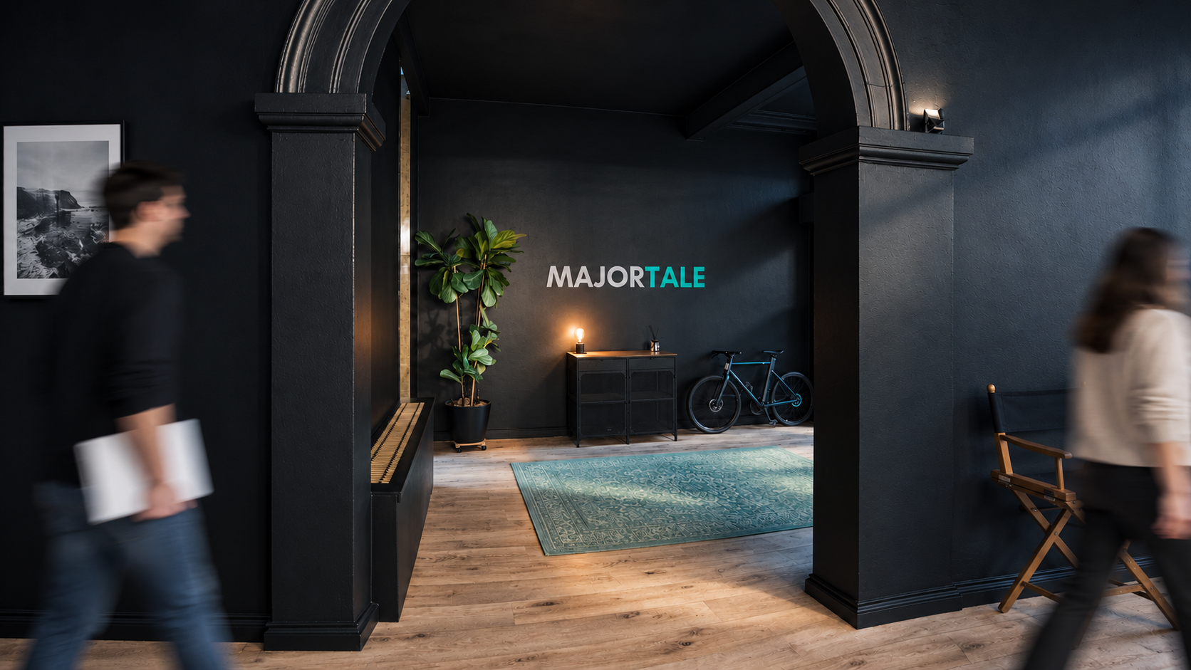 AI-generated visual of the Majortale studio with people walking past the logo wall