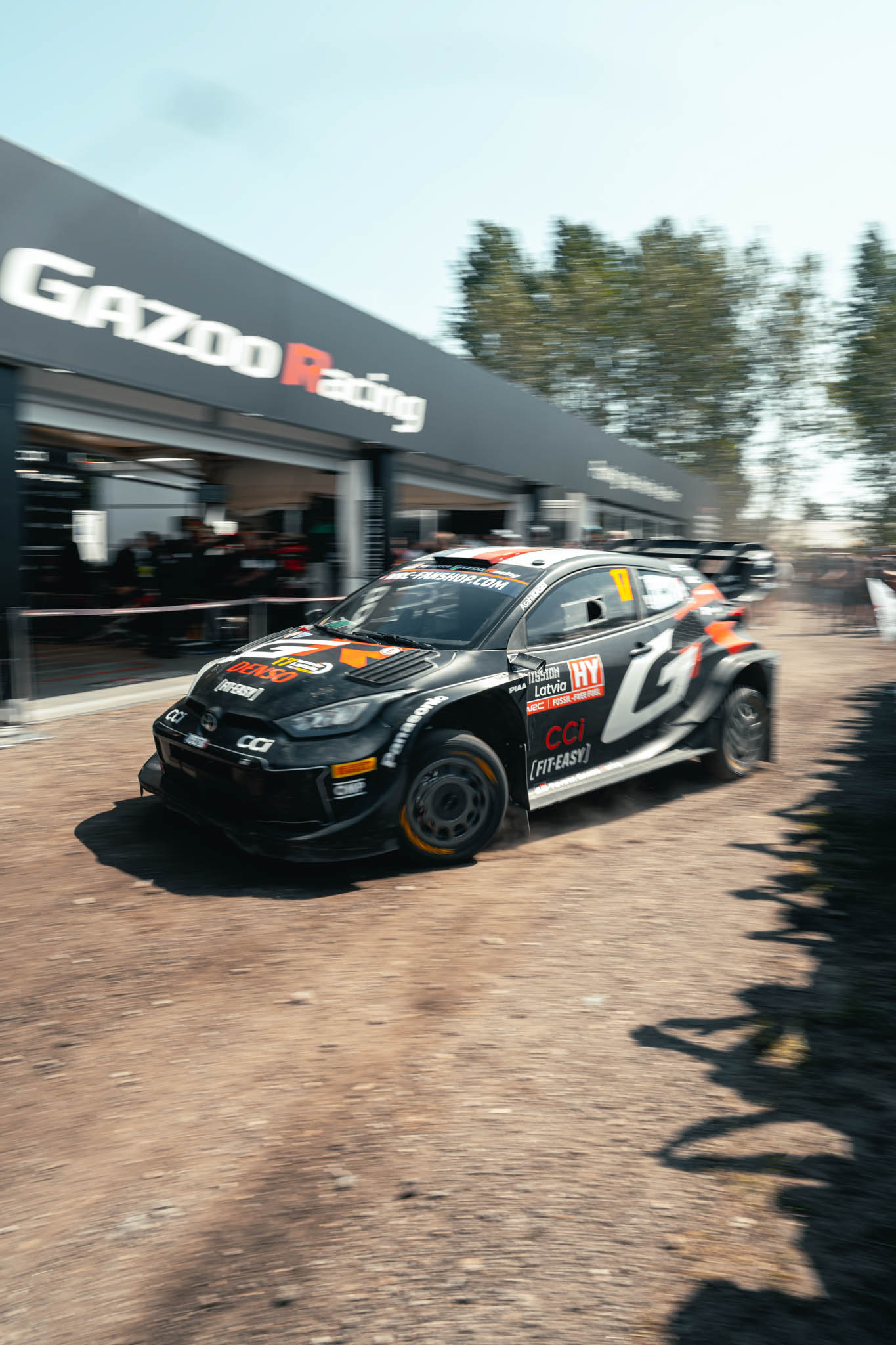 Toyota Gazoo Racing rally car leaving the service park