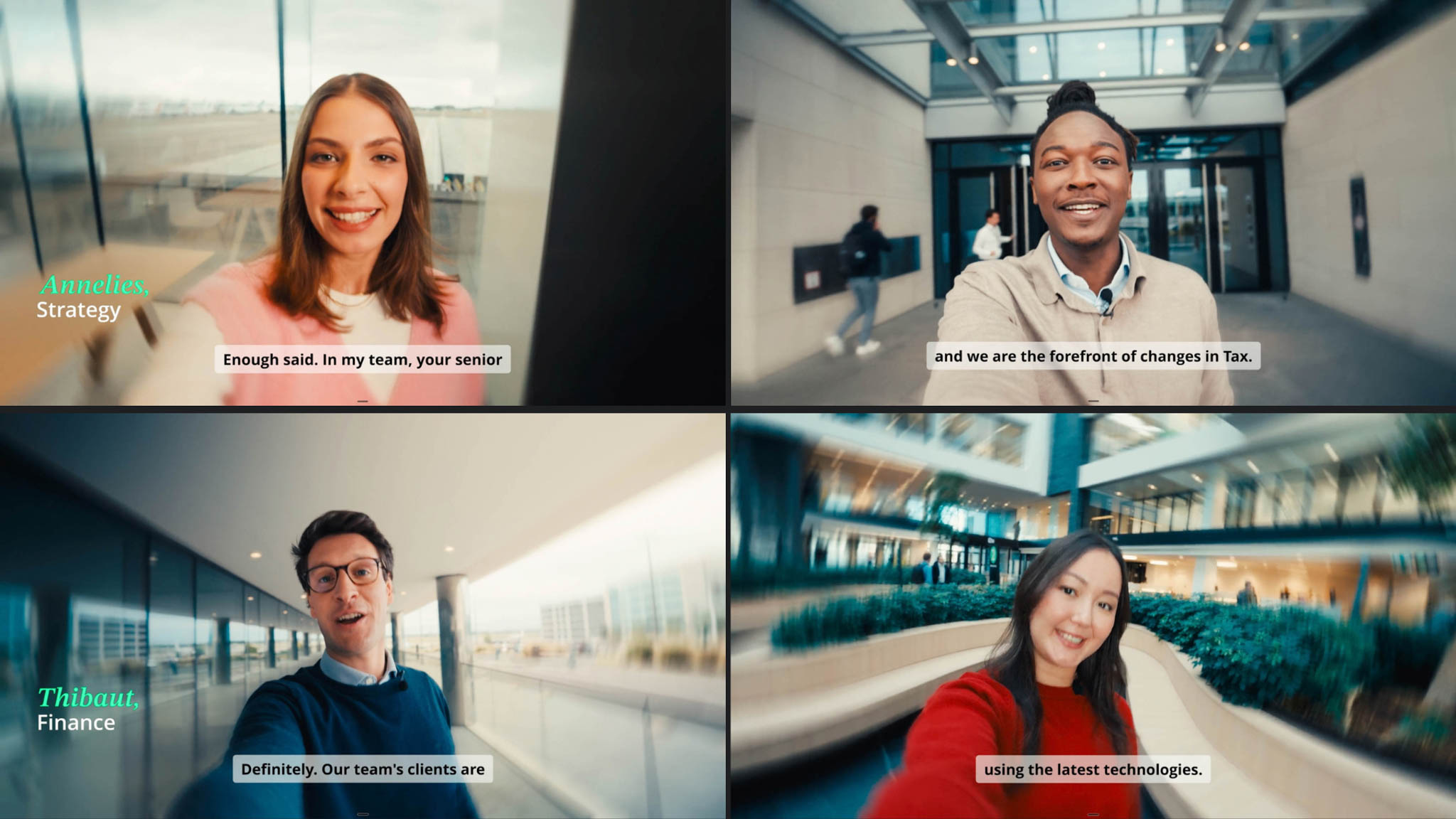 Deloitte graduates filming themselves in wide-angle selfie style