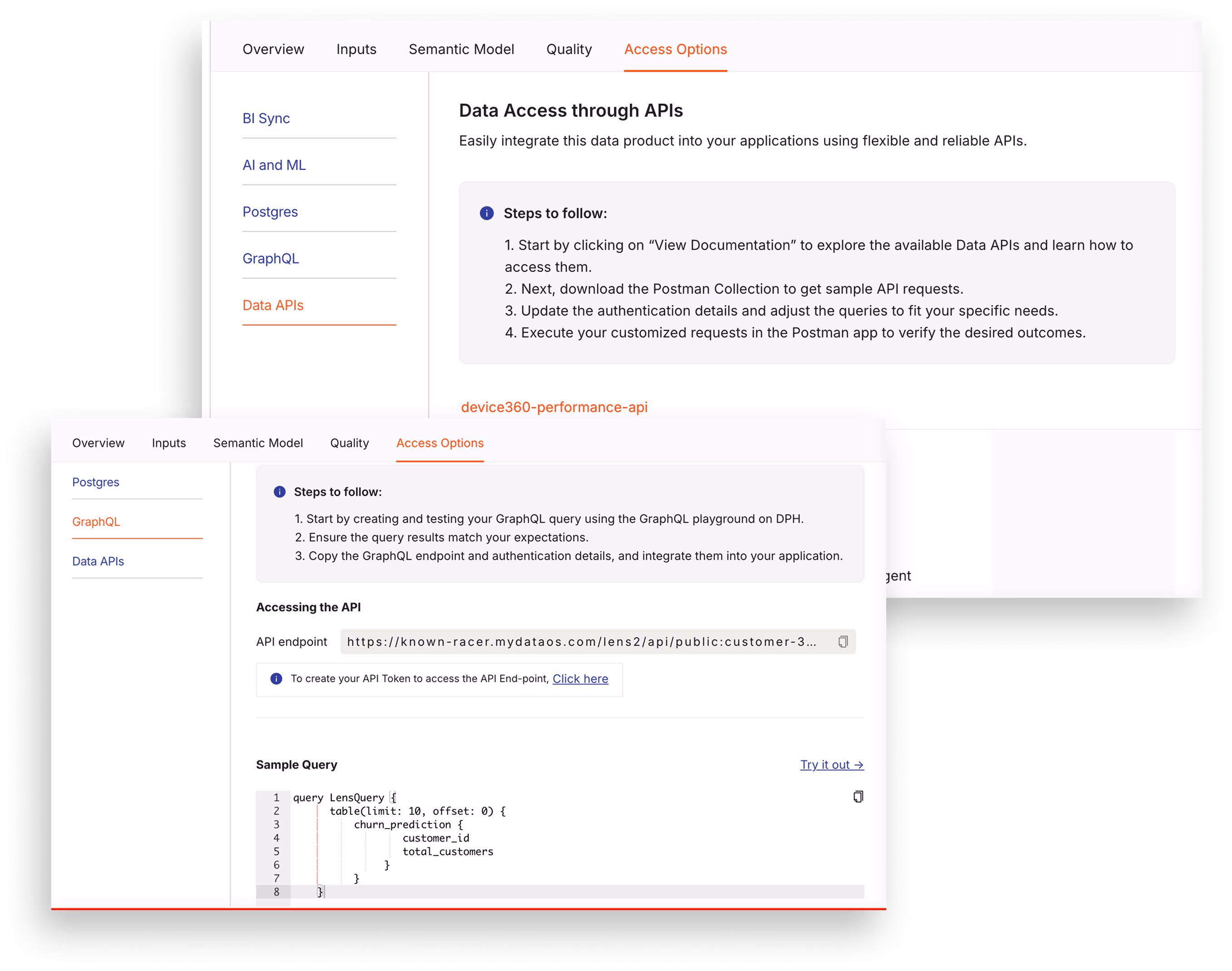 Two screenshots of data API and GraphQL access instructions with menu tabs and a sample API query.