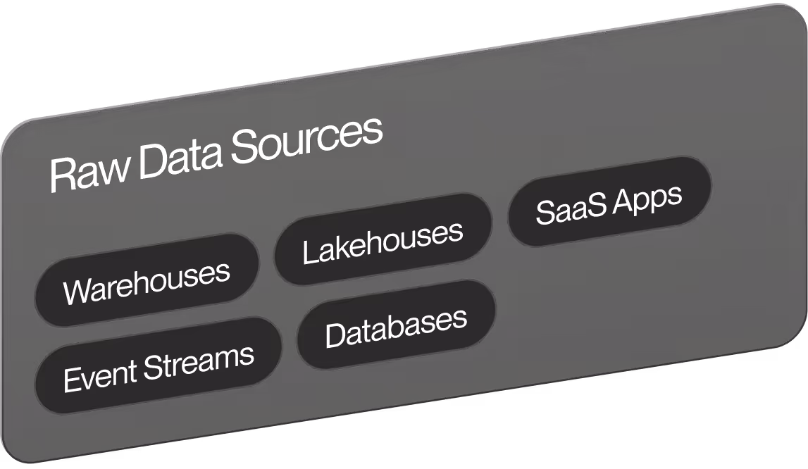 Black box titled Raw Data containing SAAS Applications, Databases, and Data Lakes in rounded rectangles.