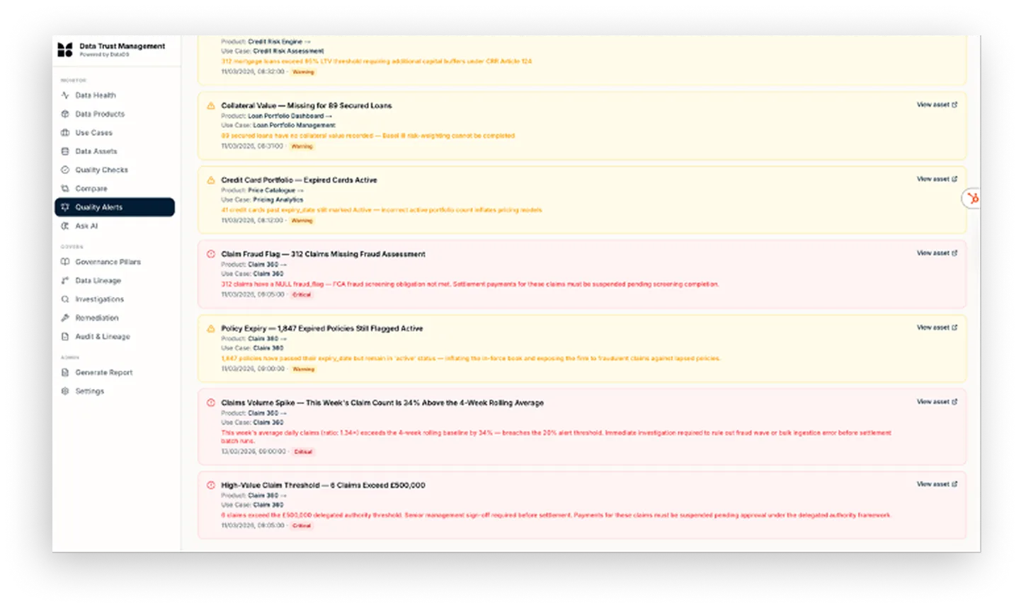 Dashboard screen showing data quality alerts with warnings and critical claim fraud and policy expiry issues.