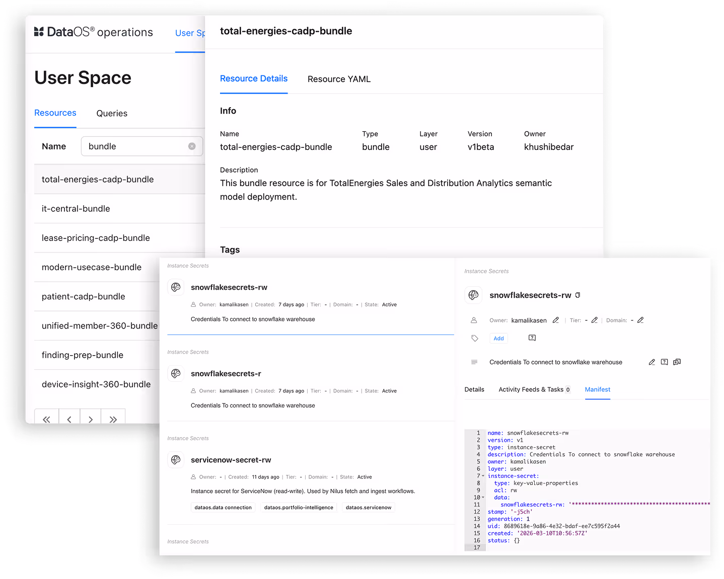 DataOS operations interface showing user space bundles, resource details, instance secrets, and a YAML manifest.