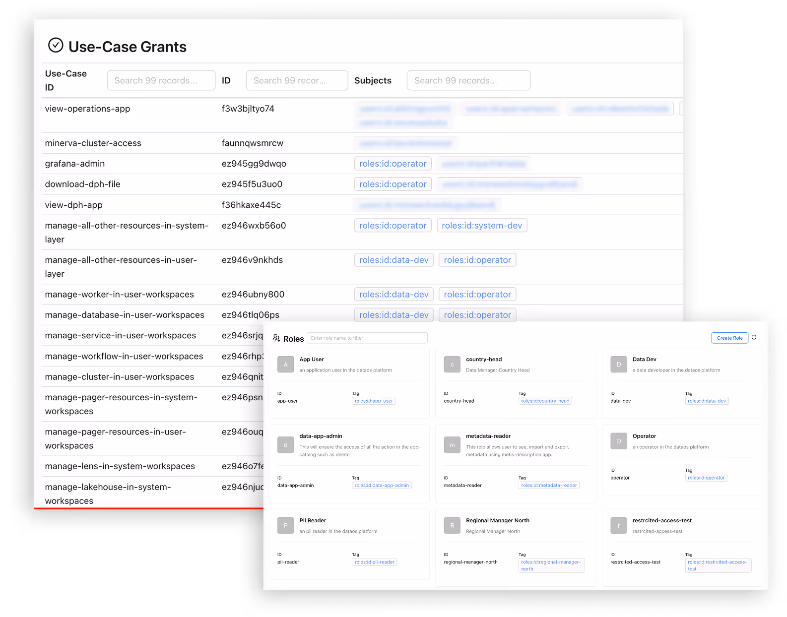 Dashboard showing use-case grants with IDs, subjects, roles, and role management interface with role details.