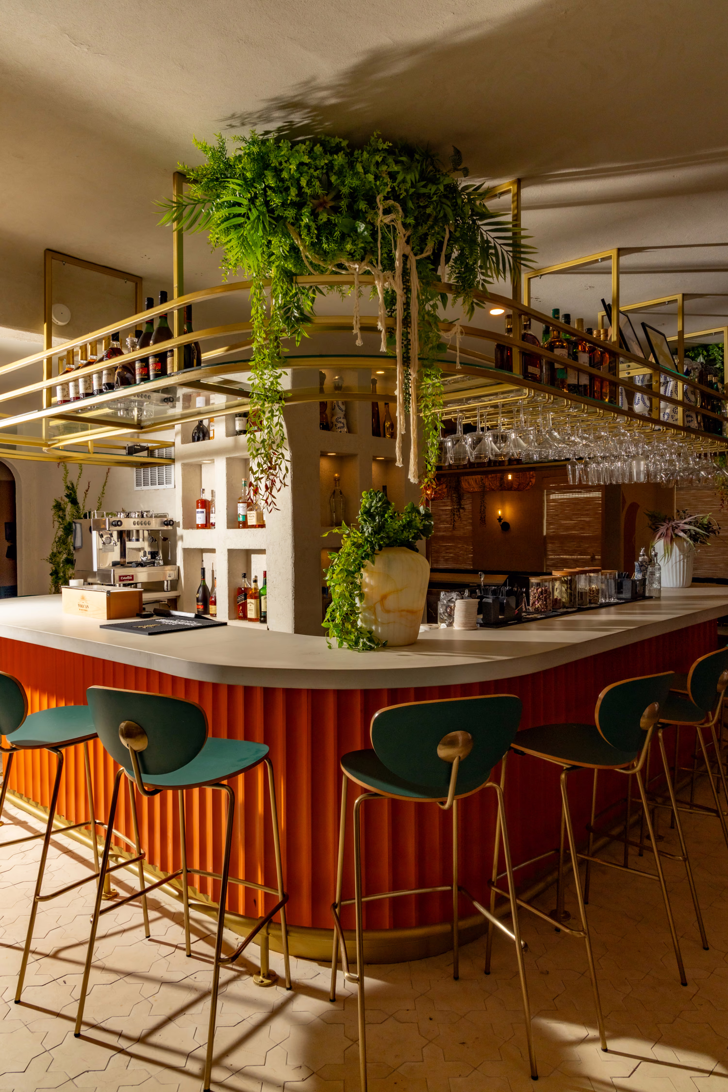 The corner of the bar at Mistora, with green stools and plants hanging over the shelves