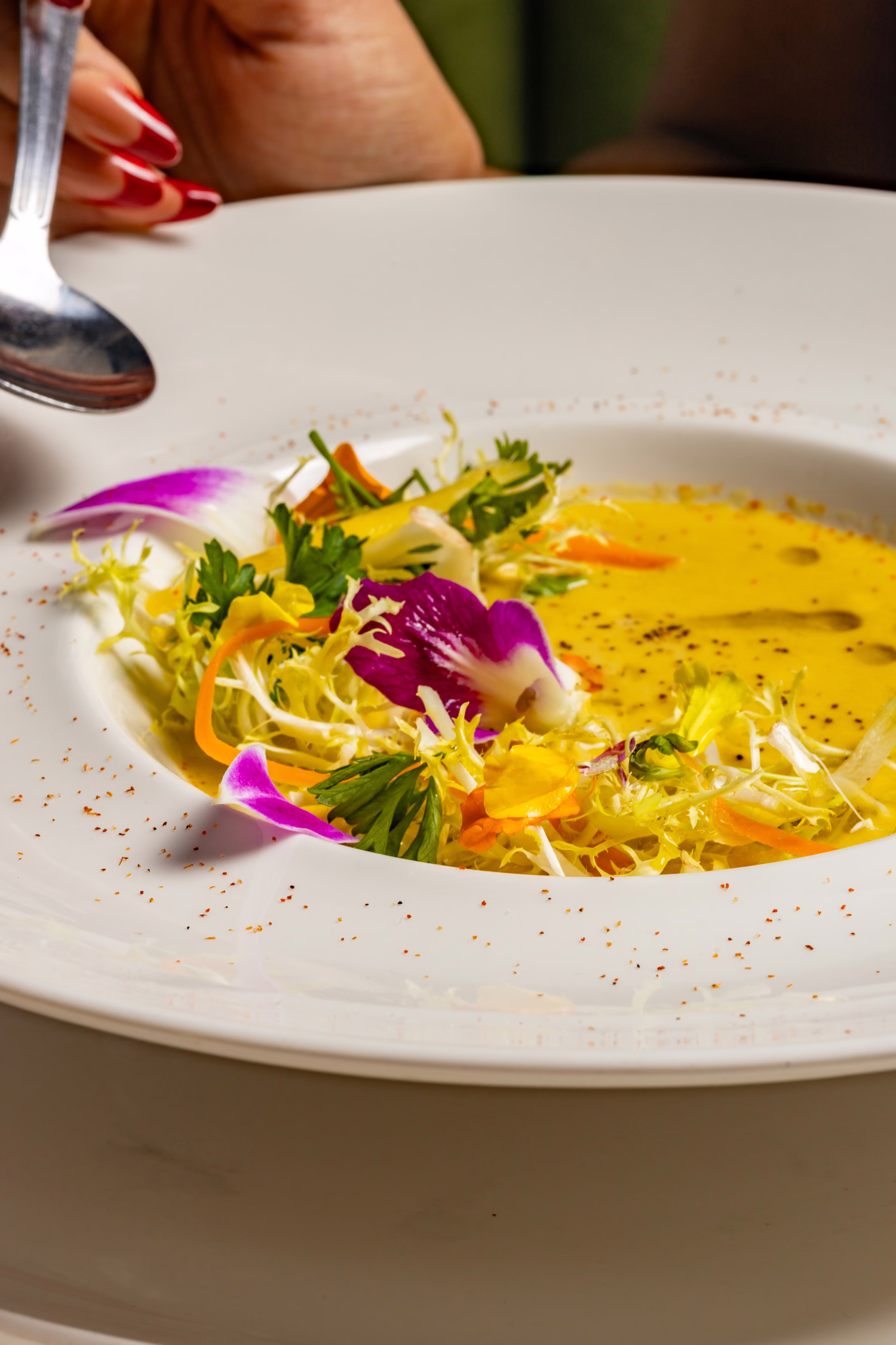 A pale golden soup with shaved vegetables and flower petals at Verdure